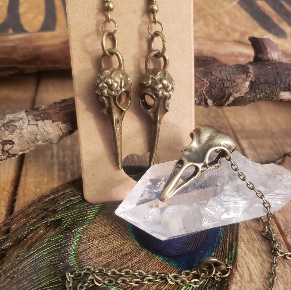Raven Skull Necklace Pagan Earrings Set Witchy Viking Jewelry UNISEX Goth Witch